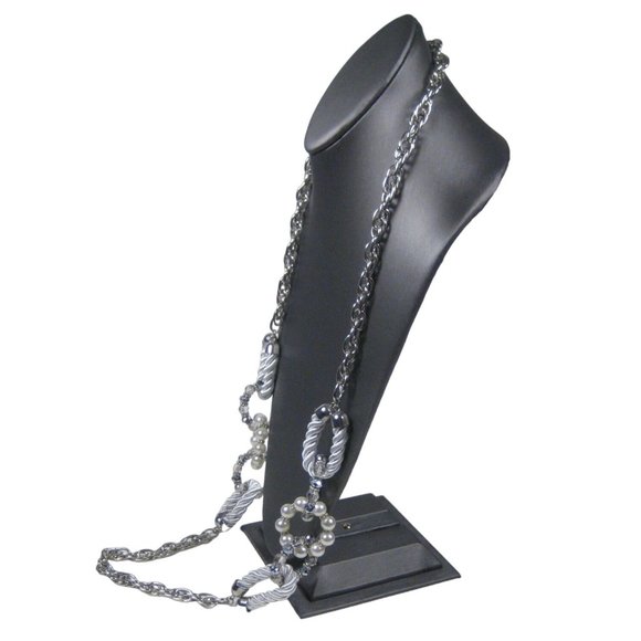 Imitation Pearl Beaded Necklace 45 inch Silvertone Heavy Chain Strand Statement - Picture 12 of 13